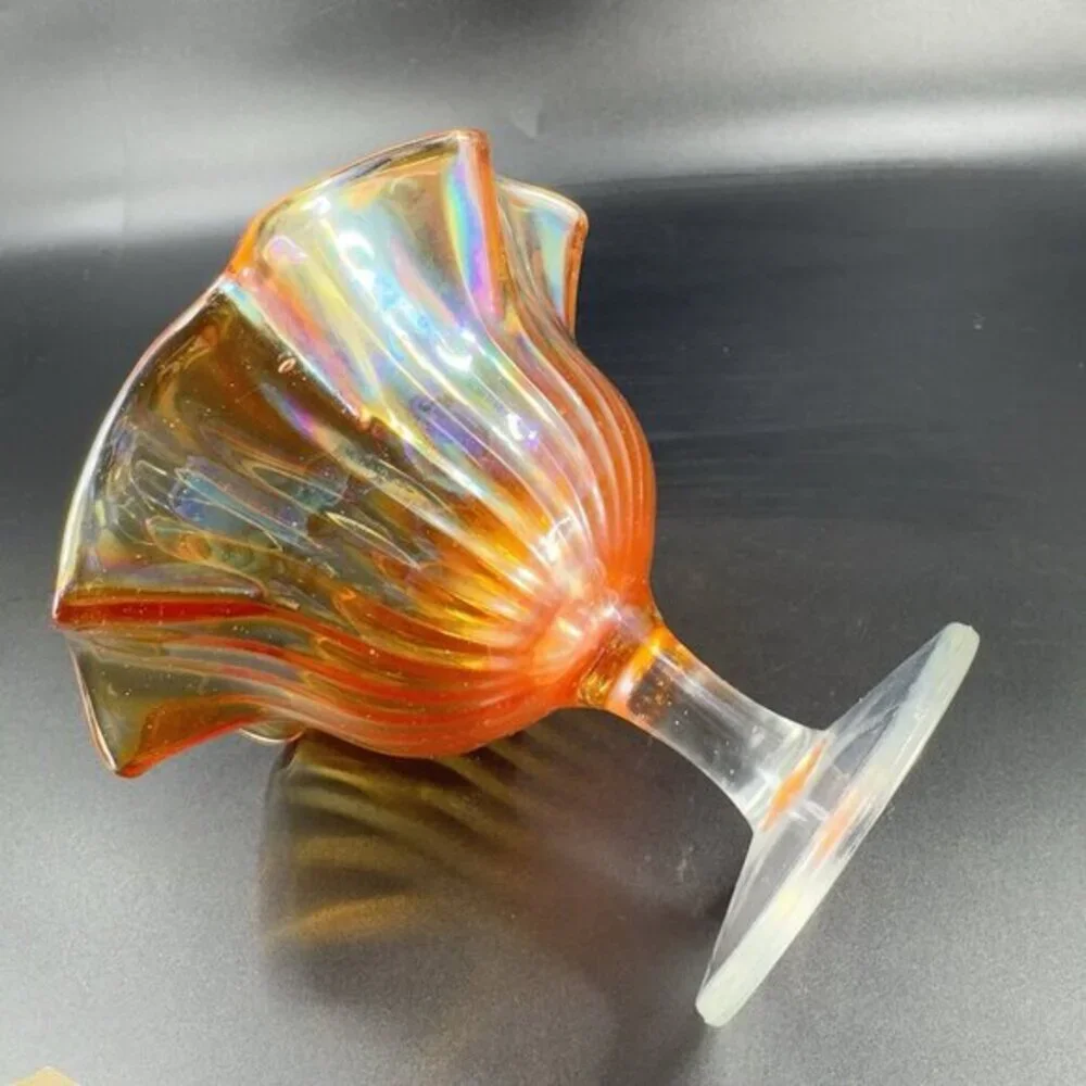 VTG Marigold Carnival Glass Iridescent Ruffled Pedestal Compote Footed Dish Bowl
